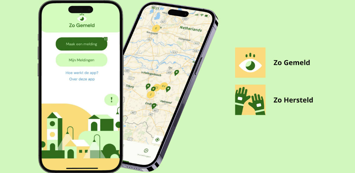 Twee smartphones die zo gemeld en zo hersteld vertonen, met daarnast de logo's van zo gemeld en zo hersteld
